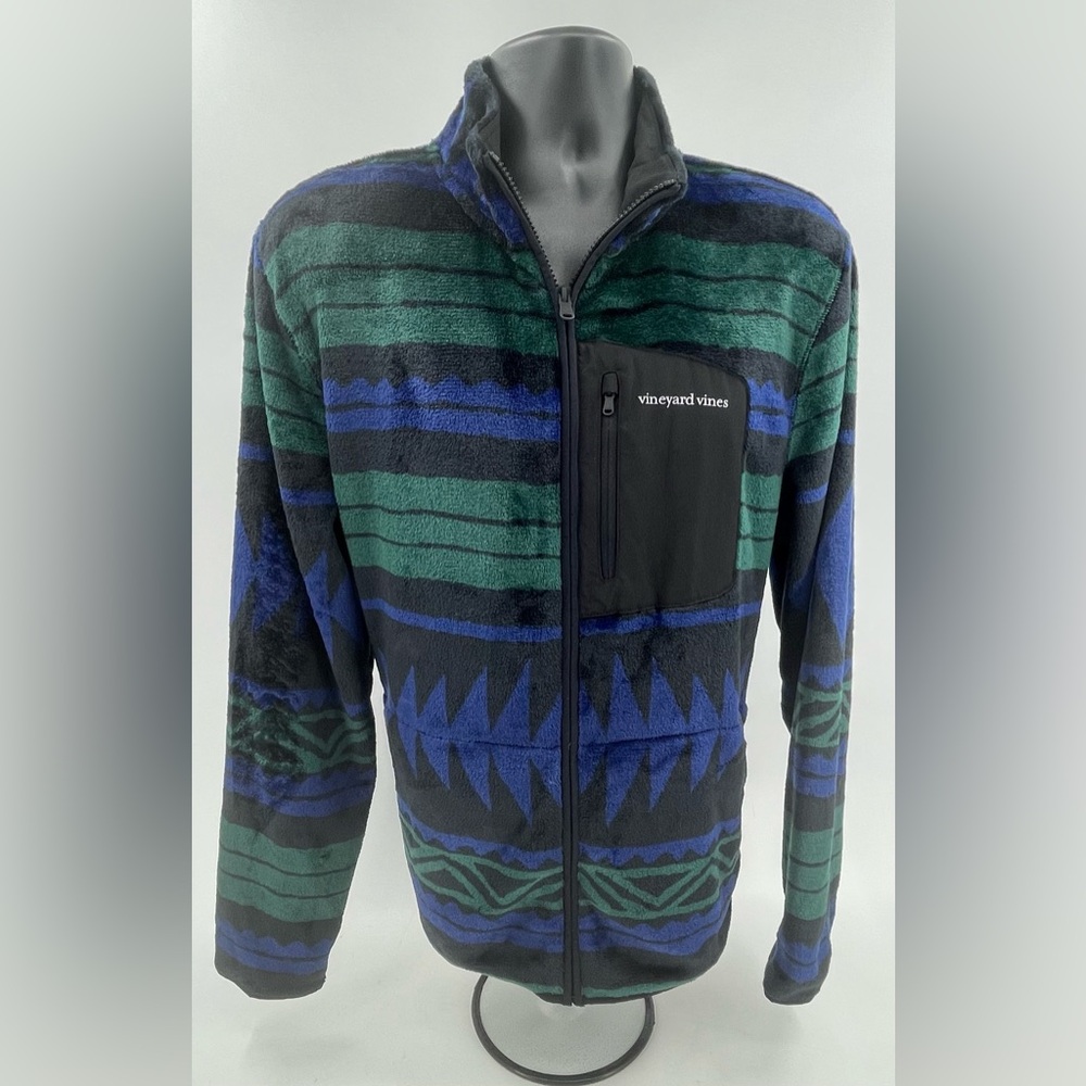 Vineyard Vines Super Soft Fleece Full Zip Jacket Blue‎ Green Aztec Men’s Large
